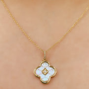 14k Yellow Gold Fluted Mother of Pearl Quatrefoil Diamond Necklace