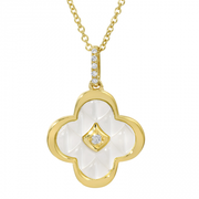 14k Yellow Gold Fluted Mother of Pearl Clover Diamond Necklace