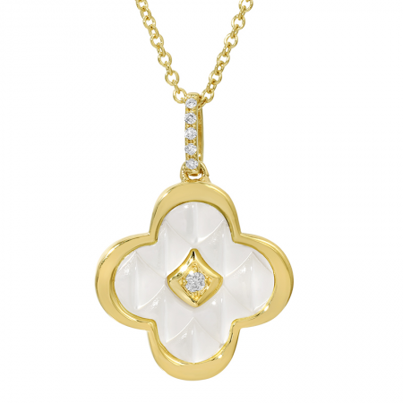 14k Yellow Gold Fluted Mother of Pearl Clover Diamond Necklace