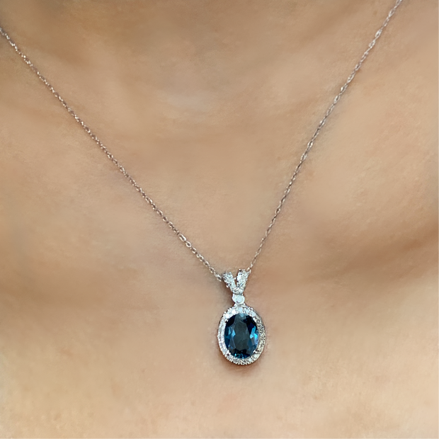 10K White Gold London Blue Topaz with Diamonds Pendant