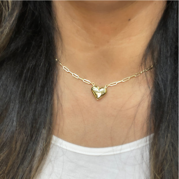 14K Yellow Gold Heart Necklace on Paperclip Chain