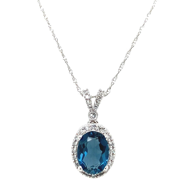 10K White Gold London Blue Topaz with Diamonds Pendant