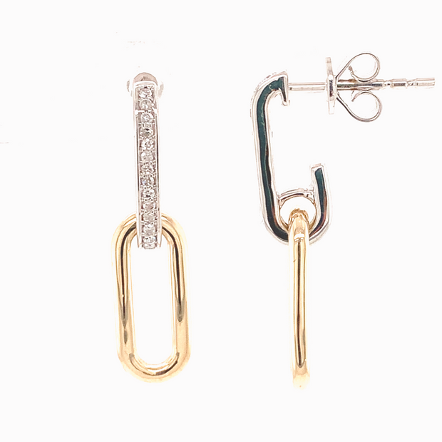 14K Two Tones Gold Paperclip Diamond Drop Earrings