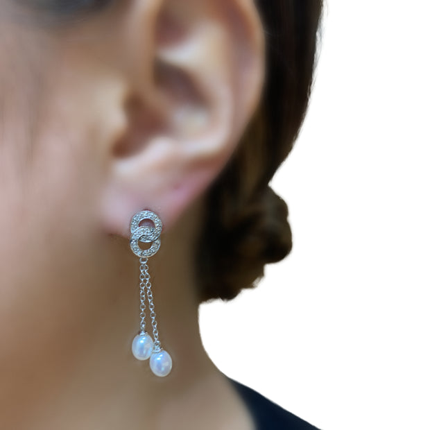 14K White Gold Diamond and Pearl Drop Earrings