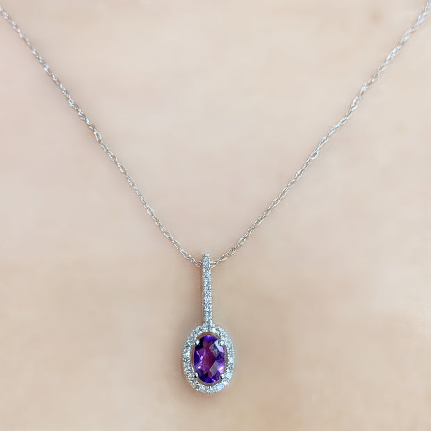 14K White Gold Amethyst and Diamond Halo Pendant