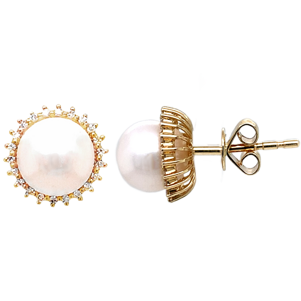 14k Yellow Gold Pearl Earrings with Diamond Halo