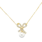 14K Yellow Gold Pearl with Diamonds Bow Pendant Necklace