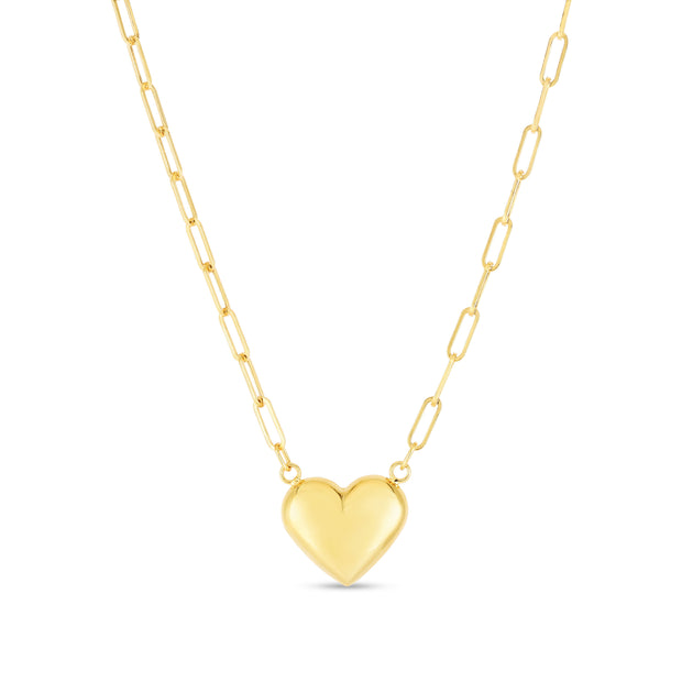 14K Yellow Gold Heart Necklace on Paperclip Chain